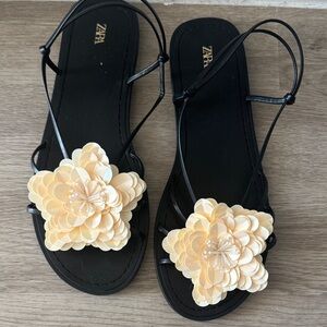 Zara Black Sandals with Cream Floral Accent